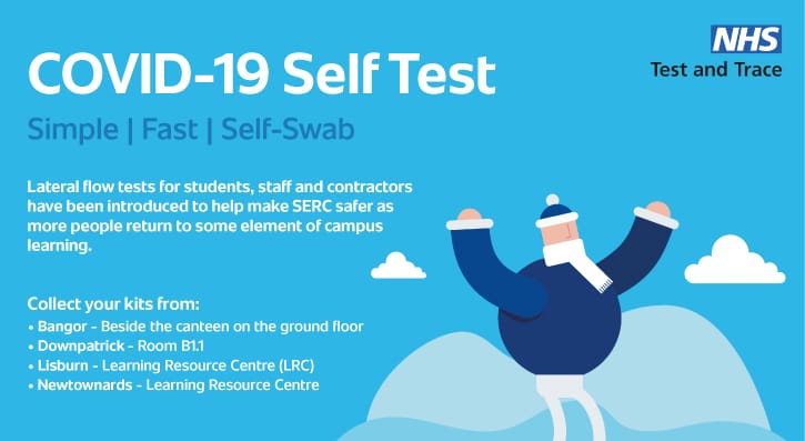 Graphic with COVID-19 Self Test and NHS logo Test and Trace